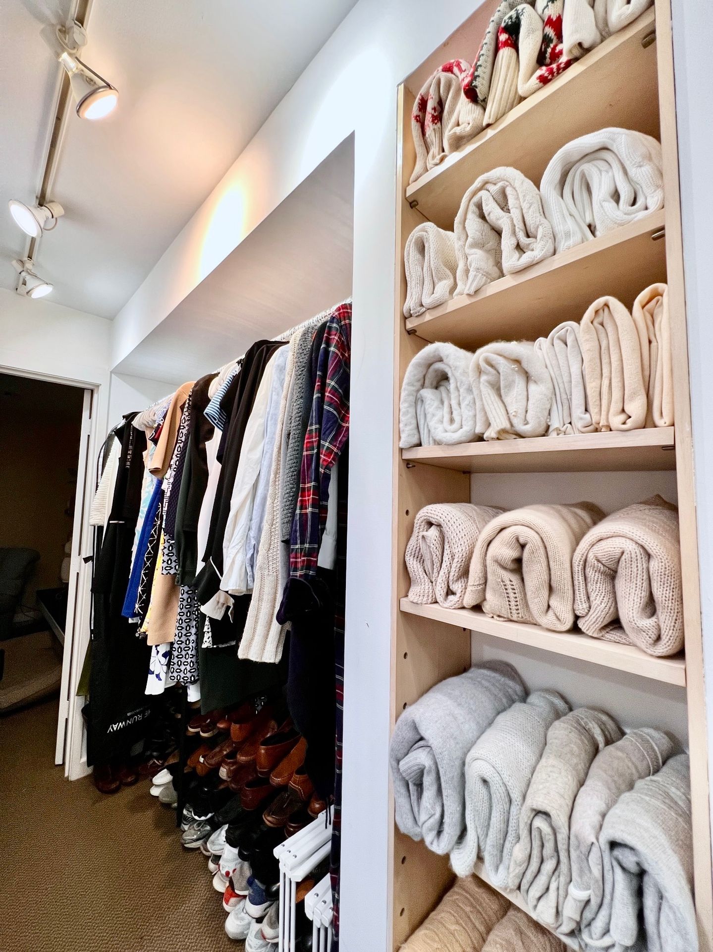 Walk in closet with organized hanging clothes