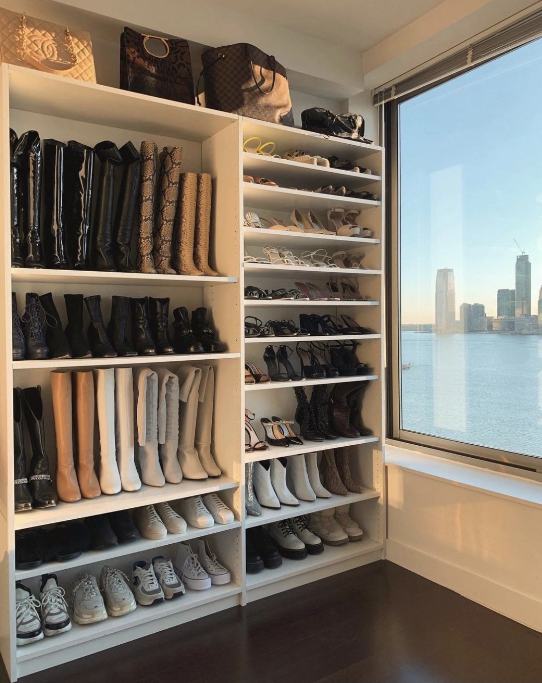 Custom shoe closet with city view